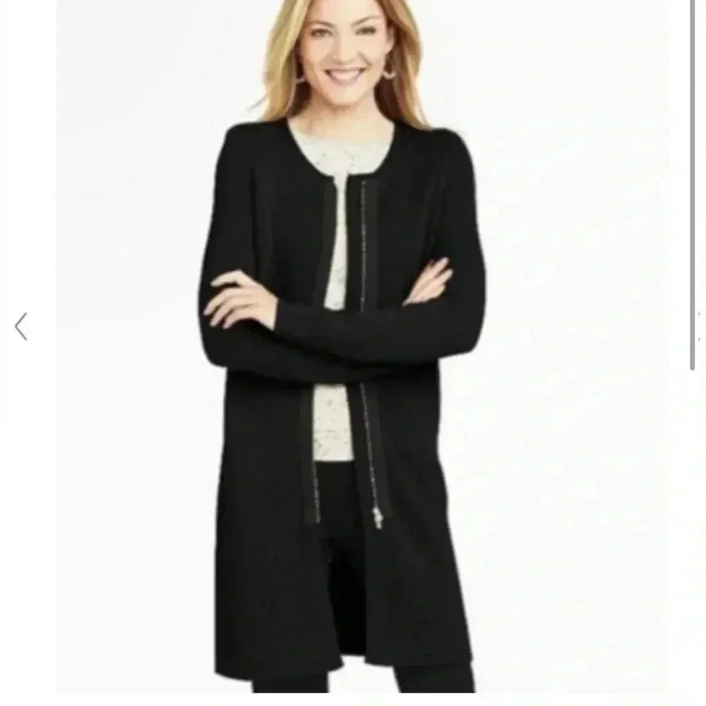 Talbots Black Pure Merino Wool Zip Front Longline Cardigan Sweater